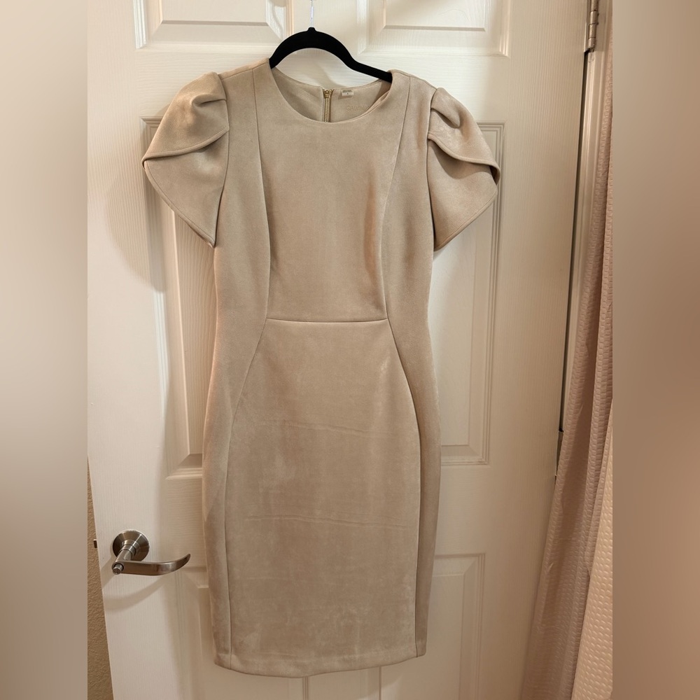 Calvin Klein Neutral Beige Puff-Sleeve Midi Dress